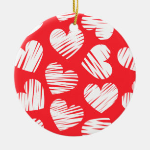 Modern Red and White Doodled Heart Valentine's Day Ceramic Tree Decoration
