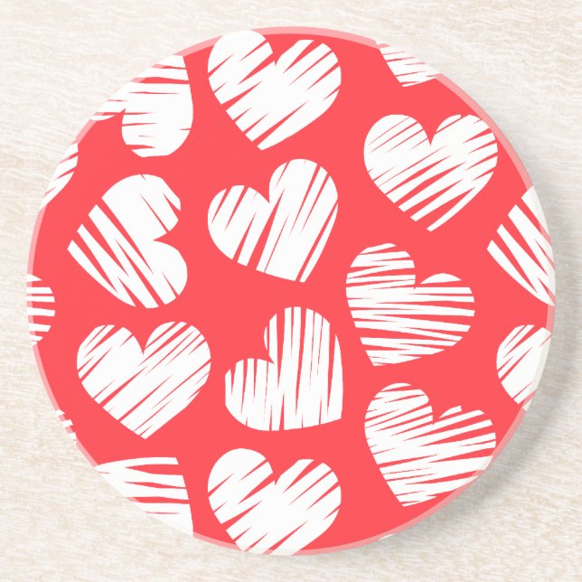 Modern Red and White Doodled Heart Valentine's Day Coaster (Front)