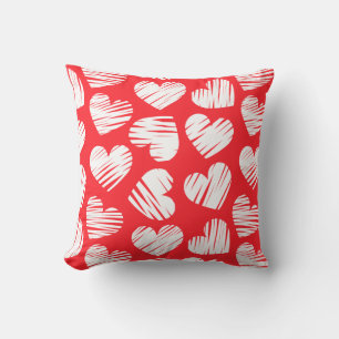Modern Red and White Doodled Heart Valentine's Day Cushion