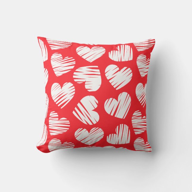 Modern Red and White Doodled Heart Valentine's Day Cushion (Front)