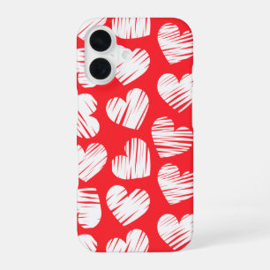 Modern Red and White Doodled Heart Valentine's Day iPhone 16 Case