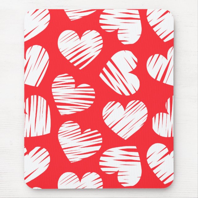 Modern Red and White Doodled Heart Valentine's Day Mouse Mat (Front)