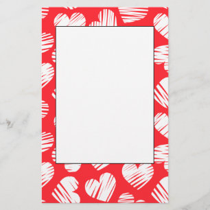 Modern Red and White Doodled Heart Valentine's Day Stationery