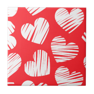 Modern Red and White Doodled Heart Valentine's Day Tile