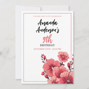 Modern Red and White Floral Girl 9th Birthday Invitation