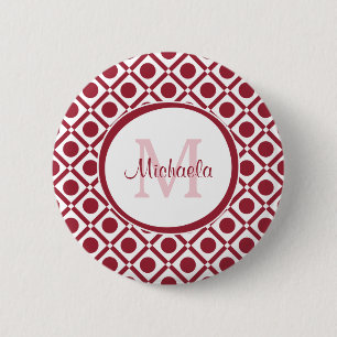 Modern Red and White Geometric Monogram and Name 6 Cm Round Badge