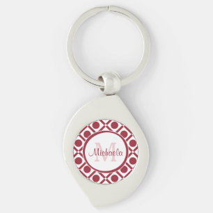 Modern Red and White Geometric Monogram and Name Key Ring