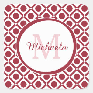 Modern Red and White Geometric Monogram and Name Square Sticker