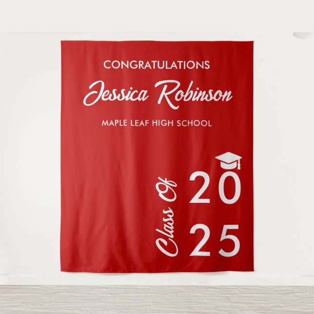 Modern Red And White Graduation Photo Backdrop Tapestry (Front)