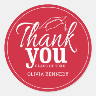Modern Red And White Graduation Thank You Classic Round Sticker