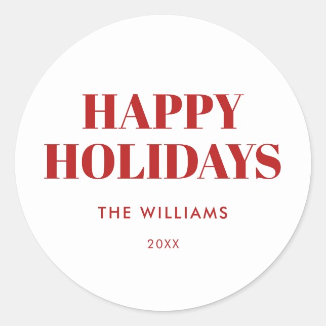 Modern Red and White Happy Holidays Classic Round Sticker (Front)