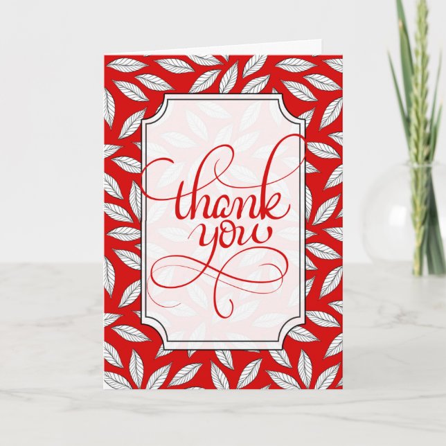 Modern Red and White Leafy Botanical Thank You Card (Front)