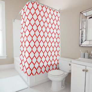 Modern Red and White Moroccan Qutrefoil Pattern Shower Curtain
