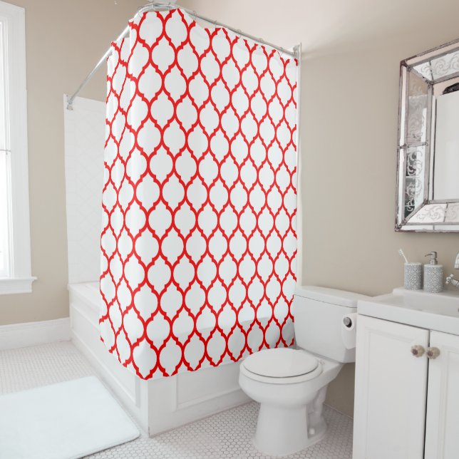 Modern Red and White Moroccan Qutrefoil Pattern Shower Curtain (In Situ)