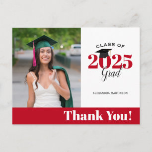 Modern Red and White Photo Graduation Thank You Postcard