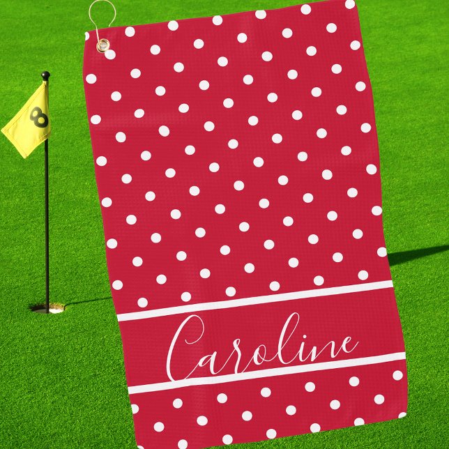Modern Red and White Polka Dot Elegant Monogrammed Golf Towel (Creator Uploaded)