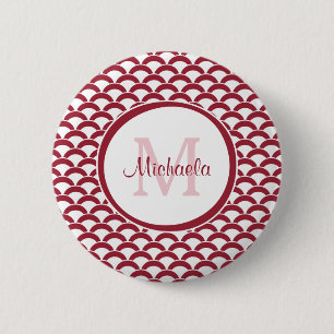 Modern Red and White Scallops Monogram and Name 6 Cm Round Badge