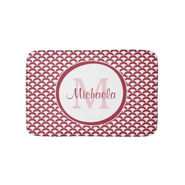 Modern Red and White Scallops Monogram and Name Bath Mat (Front)