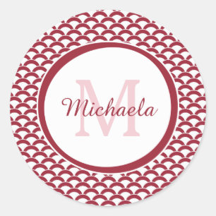 Modern Red and White Scallops Monogram and Name Classic Round Sticker