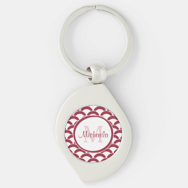 Modern Red and White Scallops Monogram and Name Key Ring (Front)