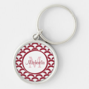 Modern Red and White Scallops Monogram and Name Key Ring