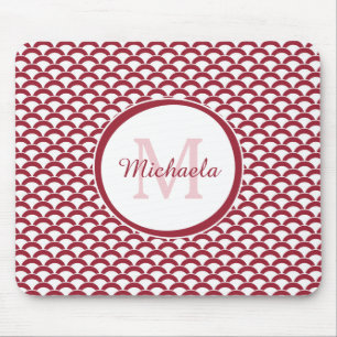 Modern Red and White Scallops Monogram and Name Mouse Mat