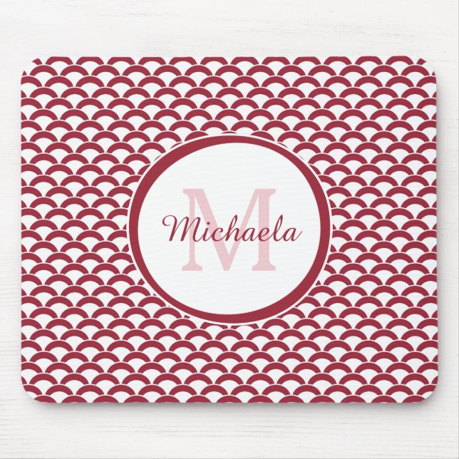 Modern Red and White Scallops Monogram and Name Mouse Mat (Front)