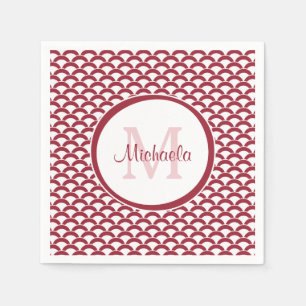 Modern Red and White Scallops Monogram and Name Napkin