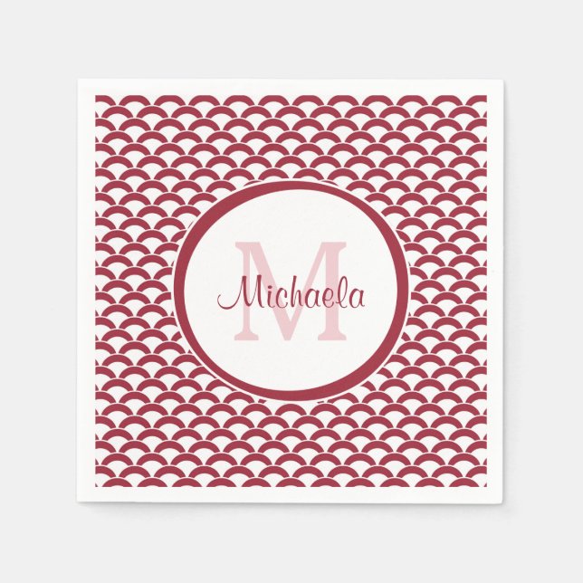Modern Red and White Scallops Monogram and Name Napkin (Front)