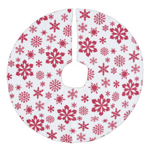 Modern red and white snowflake pattern faux linen tree skirt