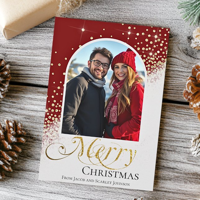 Modern Red and White Sparkle Christmas Photo Holiday Card (Creator Uploaded)
