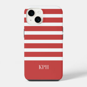 Modern Red and White Stripe with Monogram iPhone 14 Case