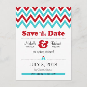 Modern Red Aqua Chevron & Lovebirds Save the Date Announcement Postcard