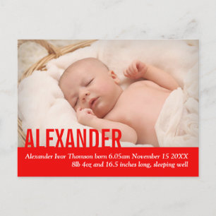 Modern red baby boy photo announcement postcard