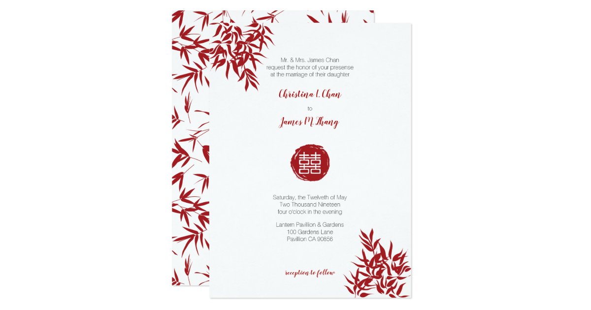 Modern Red Bamboo Double Happiness Chinese Wedding Invitation