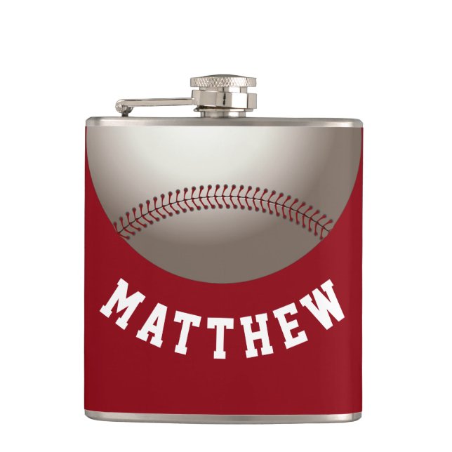 Modern Red Baseball Personalised Name Print Hip Flask (Front)
