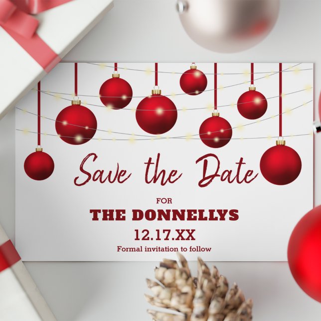 Modern Red Bauble Christmas Party Save the Date Announcement Postcard (Creator Uploaded)