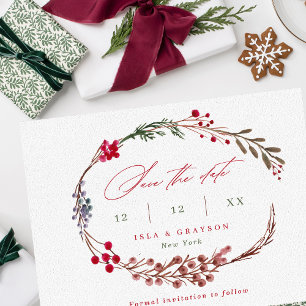 Modern Red Berries & Script Winter Wedding Save The Date