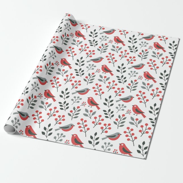 Modern Red Berry Christmas Bird  Wrapping Paper (Unrolled)