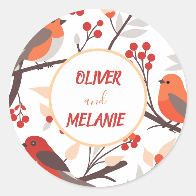 Modern Red Berry Holidays Bird Custom  Classic Round Sticker (Front)