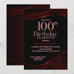 Modern Red Black 100th Birthday Party Invitation