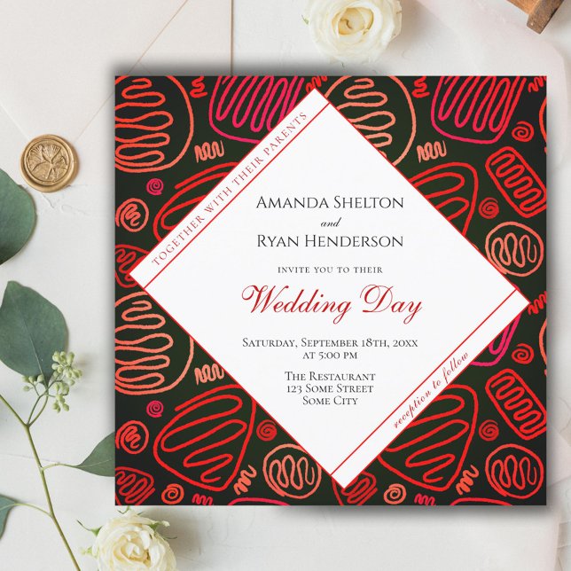 Modern Red Black Abstract One Line Art Wedding  Invitation (Creator Uploaded)