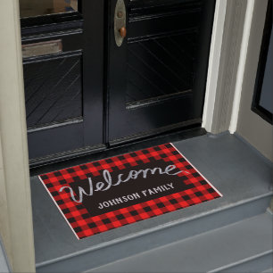 Modern Red & Black Buffalo Check Welcome Doormat
