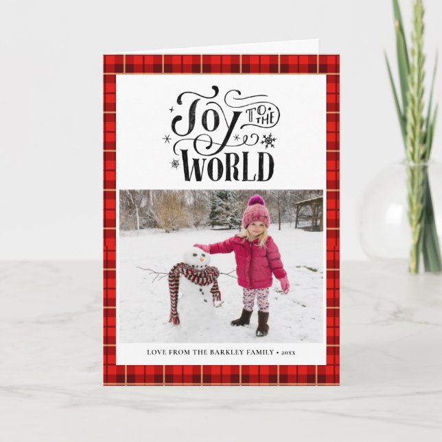 Modern Red Black Buffalo Plaid Fun Script Simple Holiday Card (Front)