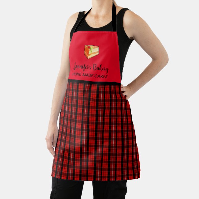 Modern red black buffalo plaid professional bakery apron (Insitu)