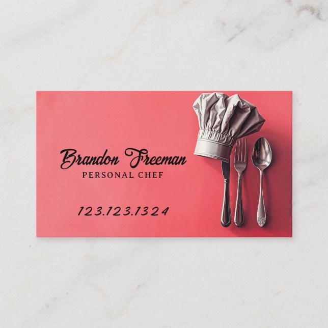 Modern Red & Black Chef Hat and Silverware Business Card (Front)