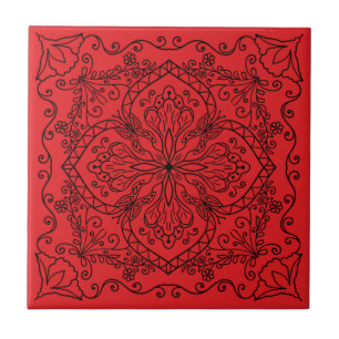 Modern Red Black Flowers Butterfly Decorative Tile