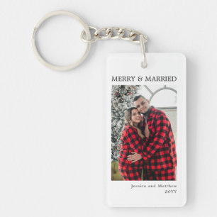 Modern Red Black Gingham Photo Merry and Married Key Ring
