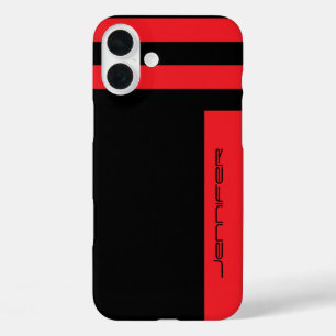 Modern Red, Black Minimalist Stripe with Name iPhone 16 Plus Case