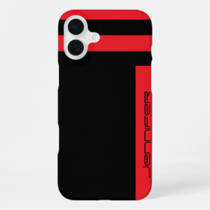 Modern Red, Black Minimalist Stripe with Name iPhone 16 Plus Case